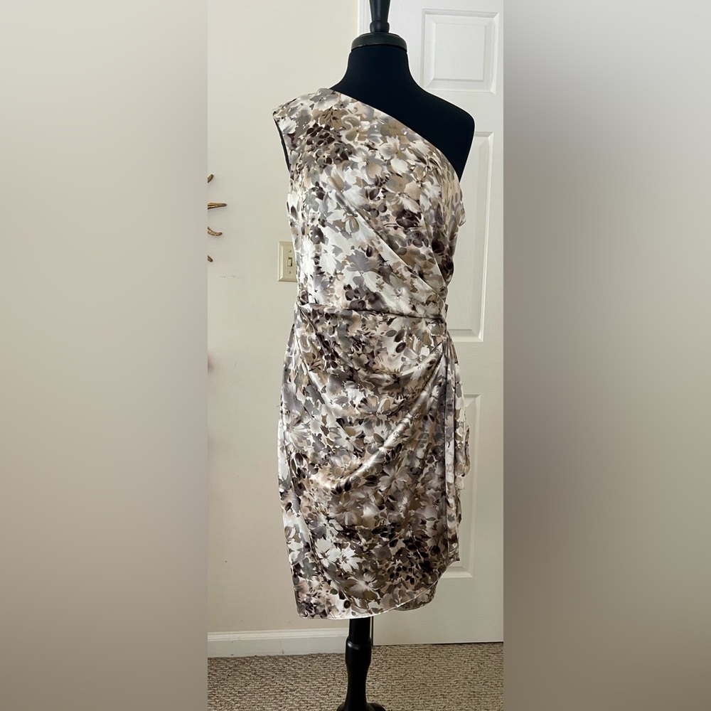 NWOT - London Style Nights One Shoulder Dress - Cream and Brown Floral